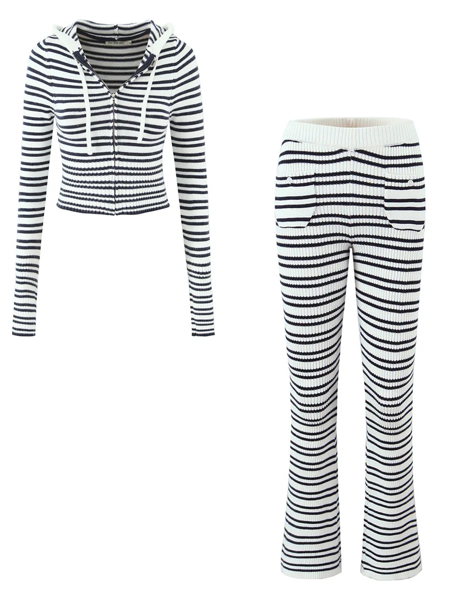 American Hot Girl Indigo White Stripes Knitted Casual Set High Waist Slim Fit Zipper Hooded Top Butt Covering Long Pants Trendy