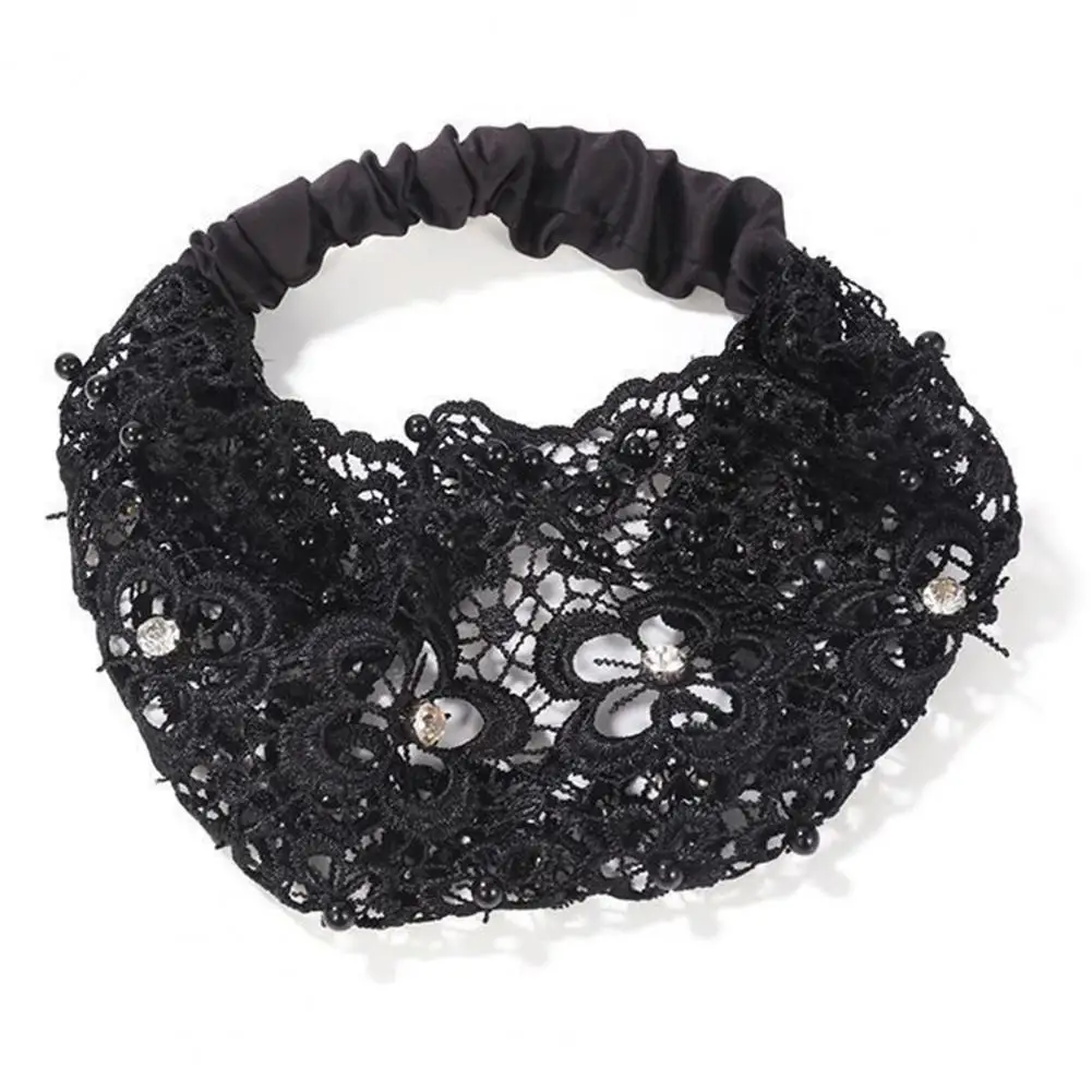 Faixa de cabeça de tecido elegante strass pérola bandana para mulheres oco flor padrão faixa de cabelo com alta elasticidade cabelo largo