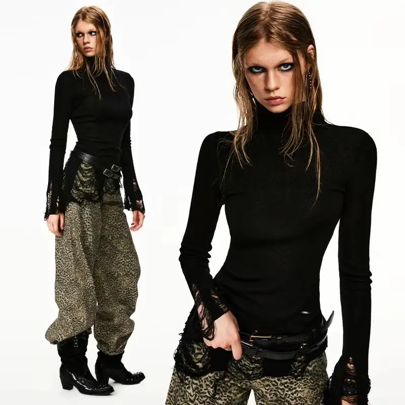 

Black Turtleneck Ripped Sweater Mid-Length Pullover Sweater Hot Girl 2000s Long-Sleeved Top Y2k American Gothic Fashion Blouse