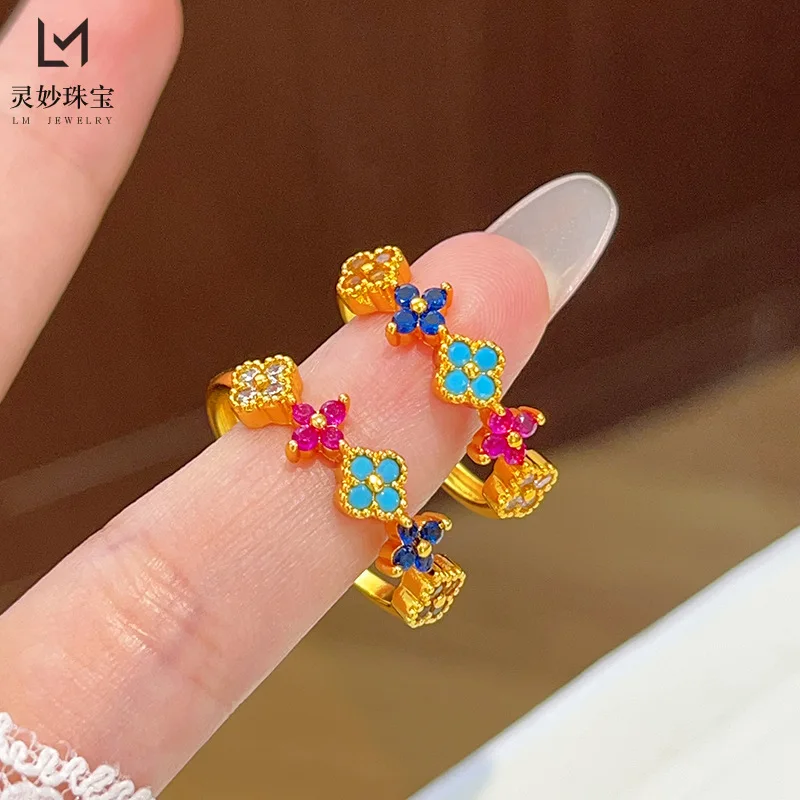 

Роскошные ювелирные изделия из настоящего золота 9999 24 карата, ромбовидное кольцо дофамина с четырьмя листами клевера, кольцо с счастливой травой, универсальный подарок для подруги