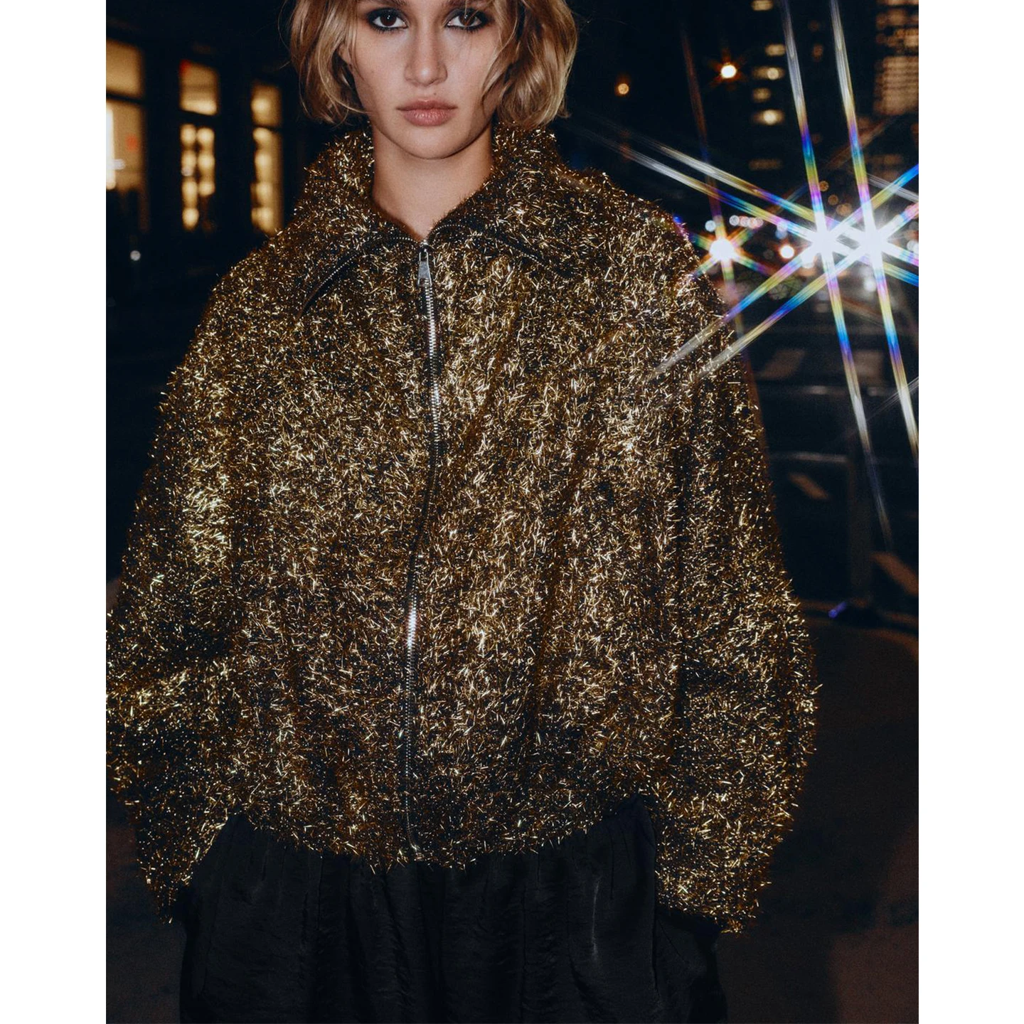 เสื้อโค้ทผู้หญิงแบบมีซิป แขนยาว คอตั้ง สไตล์นักบิน แฟชั่นลำลอง ความยาวปานกลาง ผลิตจากเส้นใยโพลีเอสเตอร์ สำหรับฤดูหนาว