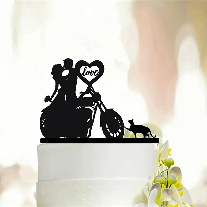 Motorcycle Style Wedding Cake  Topper Bride and Groom With Pet  Cake Toppers Wedding/Anniversary/Bridal Shower Party Decor