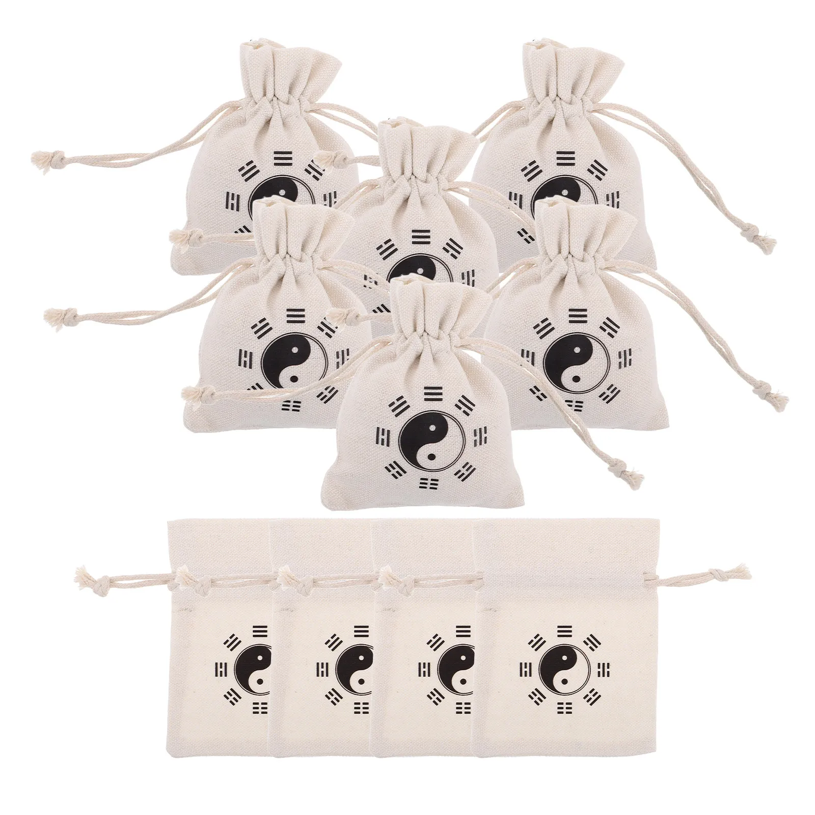 

Набор из 10 многоразовых льняных мешочков для хранения фитнес-аксессуаров с завязками, стильный узор Багуа, для тренировок и путешествий