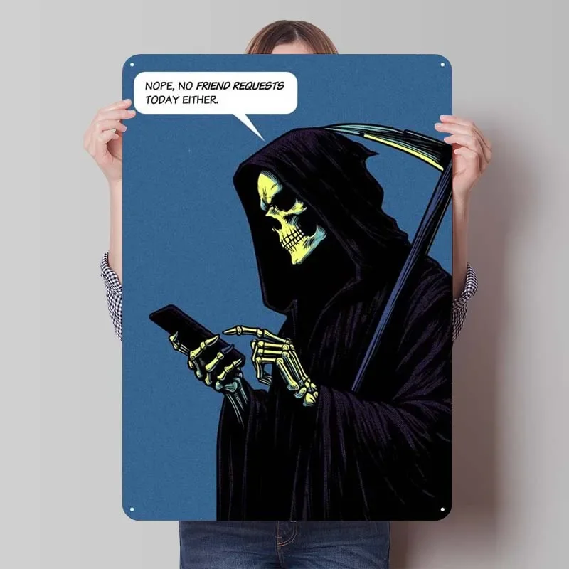 Grim Reaper Friend Request Comics Metal Poster Man Cave Retro Funny Metal Tin Sign Plate for Wall Decoration Decor for Room Art