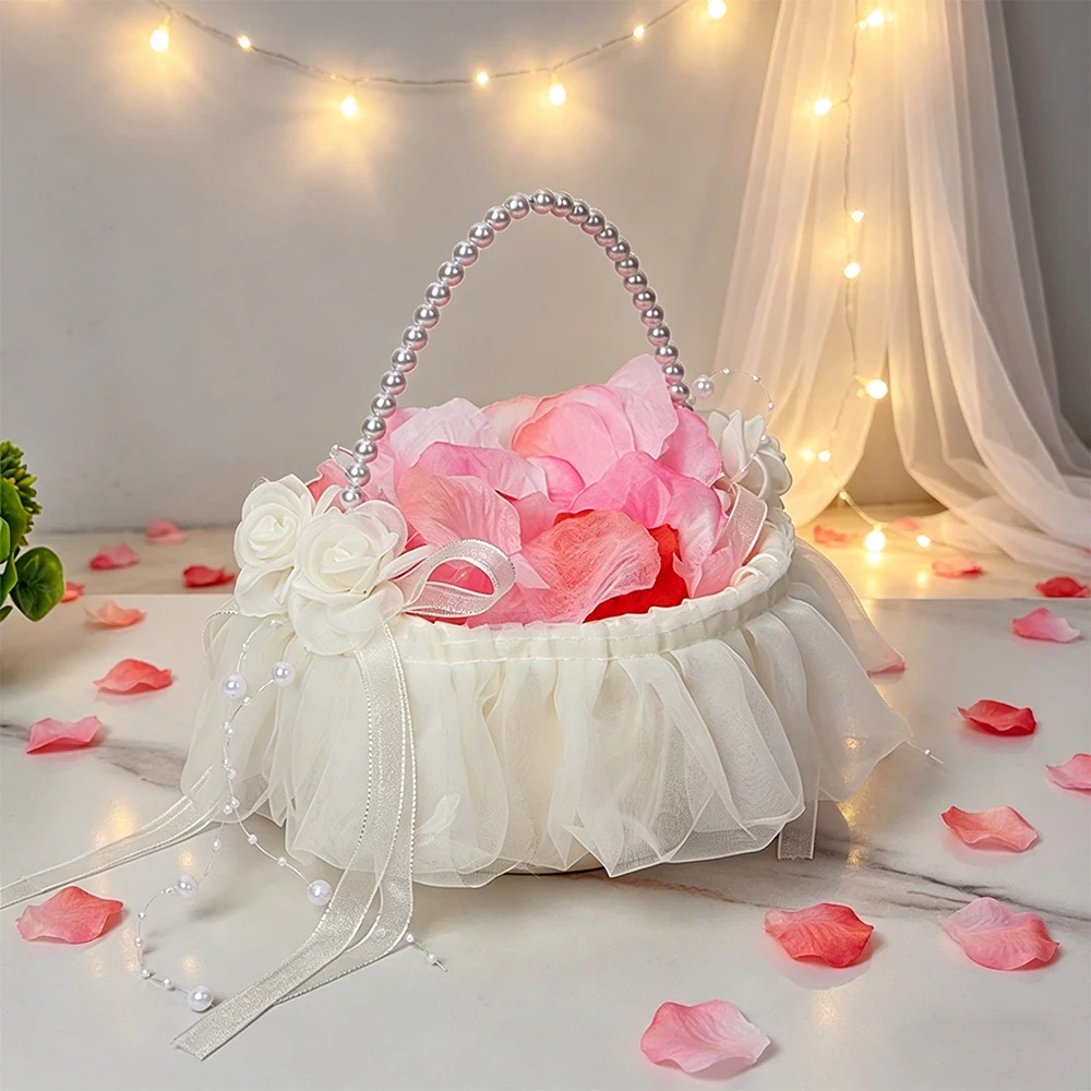 

Elegant White Flower Girl Basket with Pearl Handle, Romantic Wedding Ceremony Petal Basket for Bridal Shower Party Decoration