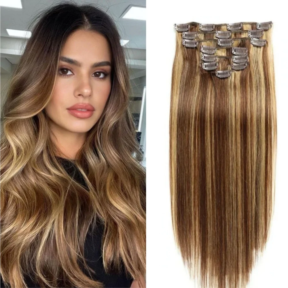 

Прямые заколки для наращивания волос, человеческие волосы, цвет фортепиано P427, прямые зажимы для человеческих волос, двойные зажимы для утка, полная голова, 7 шт.