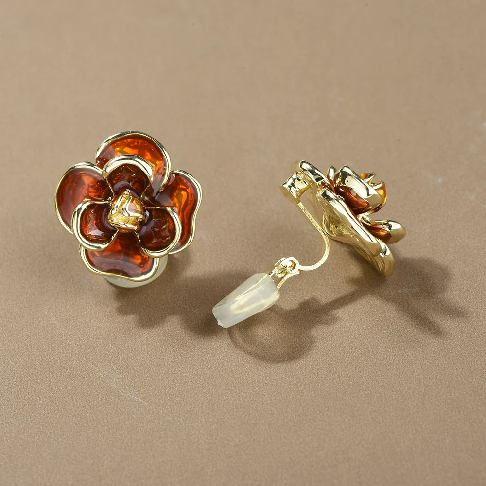 

Enamel Camellia Earrings No Hole Ear Clips Fashion Hepburn Style Clip Earring Without Piercing Minimalist Earrings Jewelry
