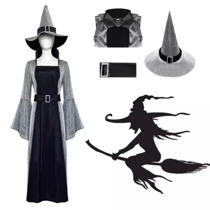 Halloween Party Medieval Witches Cosplay Costumes Witch Cos Evil Dress Trumpet Sleeve Long Dress Magic Hat Suit  Play Outfit