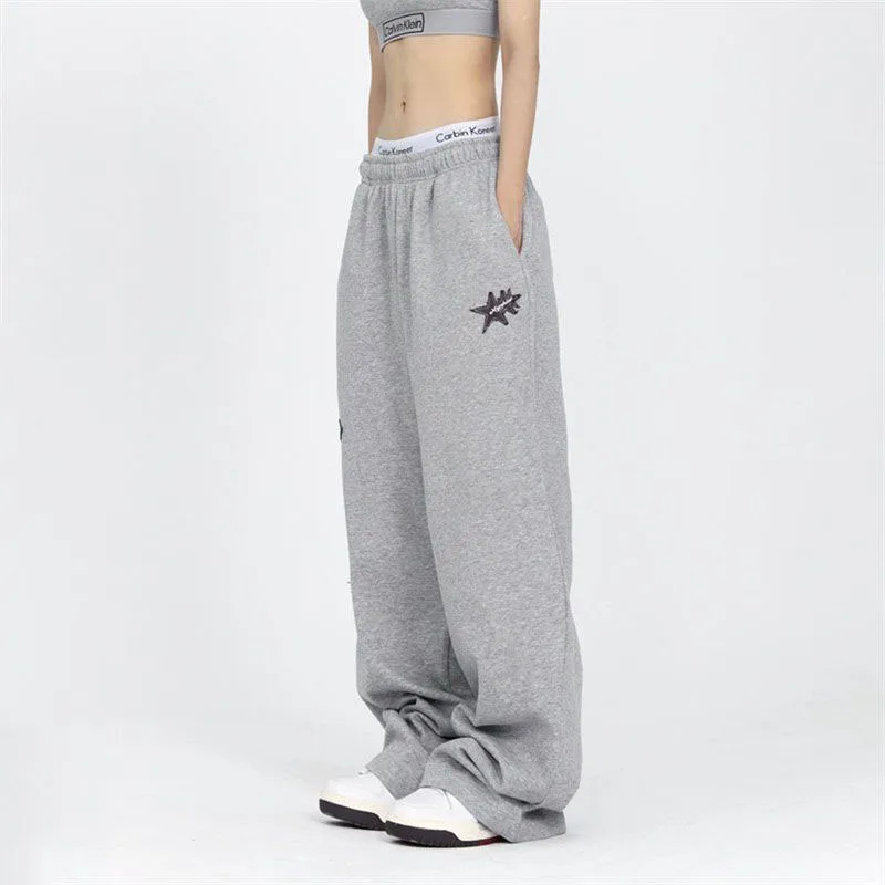 Harajuku วิ่งดาว Sweatpants Hip Hop Streetwear Elastic เอวเย็บปักถักร้อย Casual Oversize ขากว้างกางเกงกีฬา