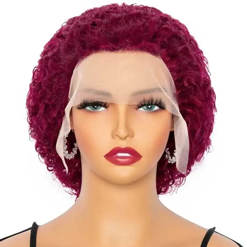 

99J Burgundy Orange Ginger Colored Short Curly Pixie Cut Lace Wig Pre plucked Bob Wig 13x1 Lace Front Curly Human Hair Wigs ﻿