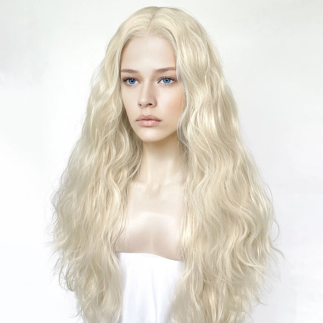 White Women Daily Wear Synthetic Hair Wigs Long Natural Wavy Synthetic 13x4 Transparent Lace Front Wigs Lolita Natural Hairline