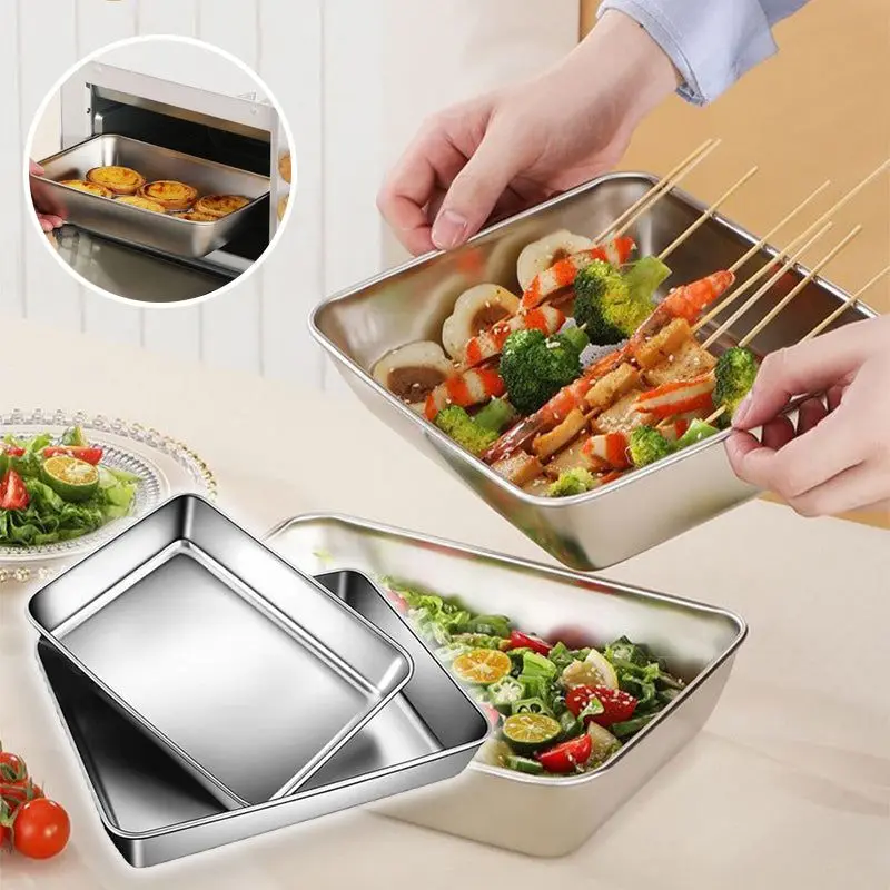 Rectangular Stainless Steel Square Plate With Lid Food Storage Pan Commercial Dish Tray Large Refreshing Lunch Box Container