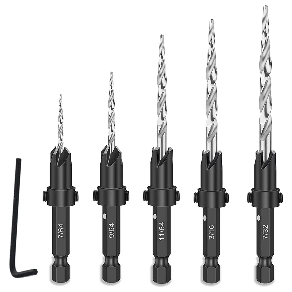 Countersink Drill Bits Set HSS M2 Steel 5PCS Adjustable Depth 82 Degree 4-Flute Woodworking Tools Chamfer Cutter 1/4 Hex Shank