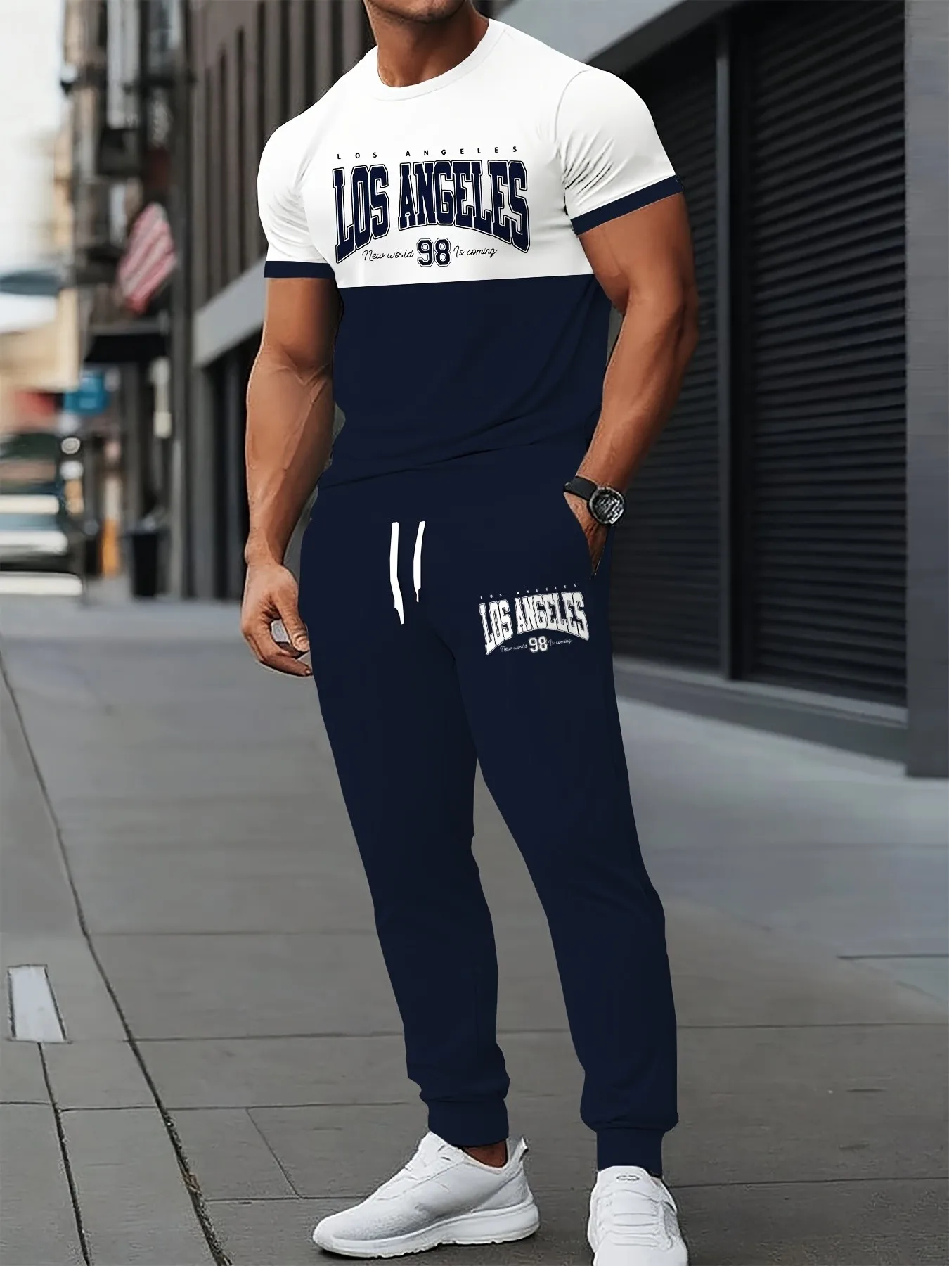 Summer men's breathable round neck T-shirt and pants set with alphanumeric printing outdoor urban trend two-piece set