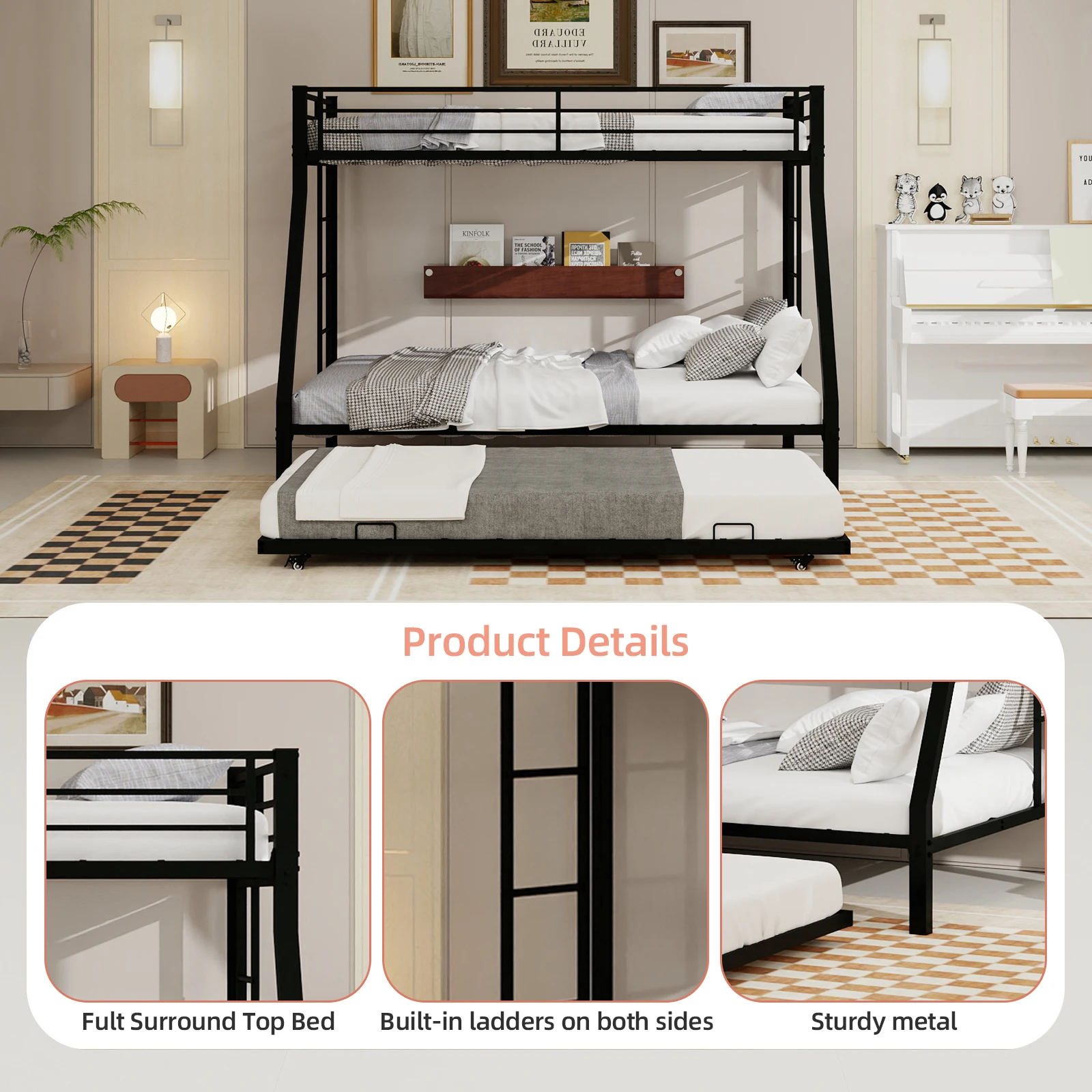 Heavy Duty Metal Twin XL Over Queen Bunk Bed with Trundle, Space Saving Triple Bunkbed Frame with Guardrails & Ladder, 400 LBS Capacity, Black view 7