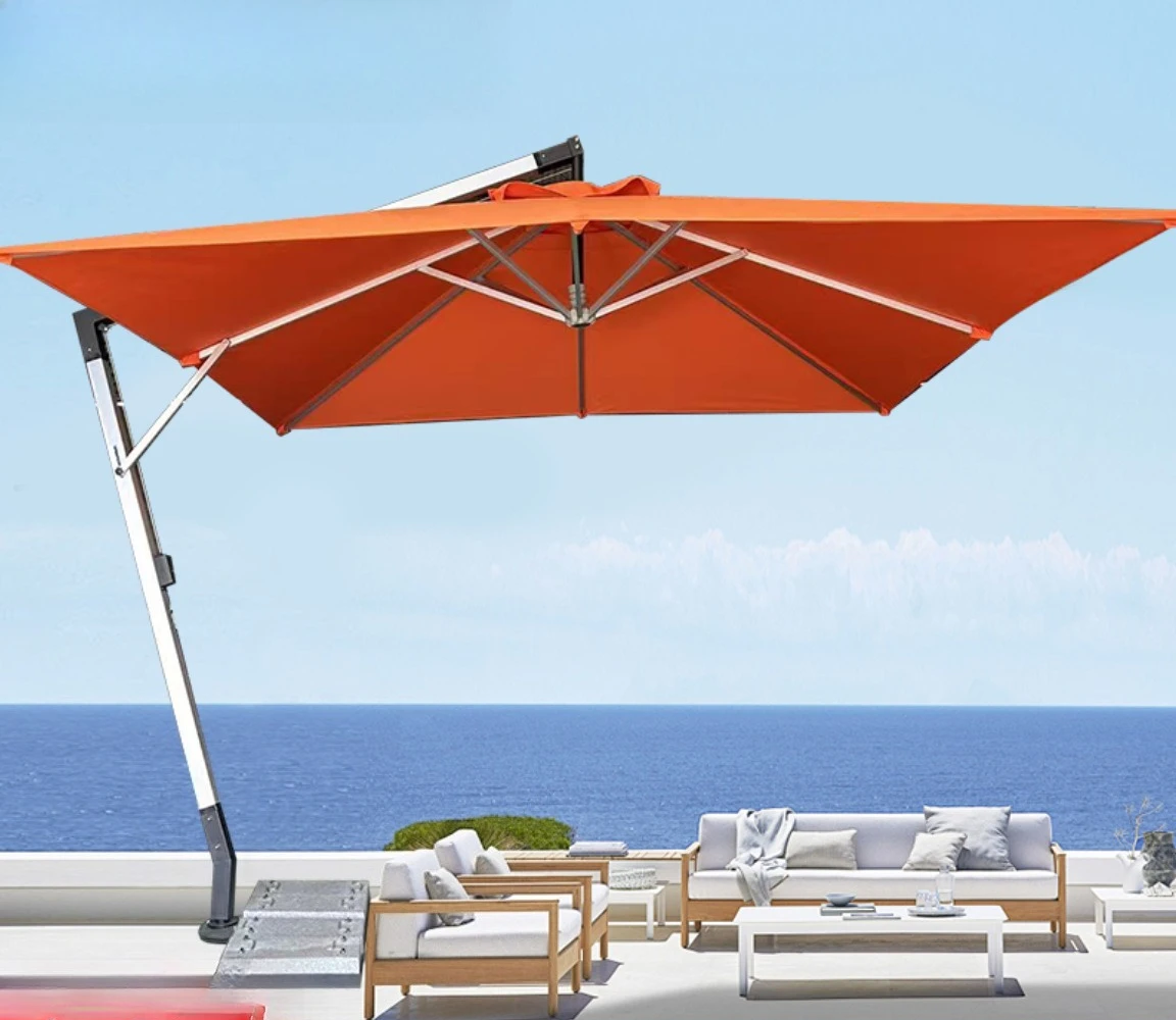 Aluminum Side Umbrella, 360 Degree Rotating Large Pole, Wood Grain Finish, Square Patio Sunshade, UV Protection, Outdoor Leisure