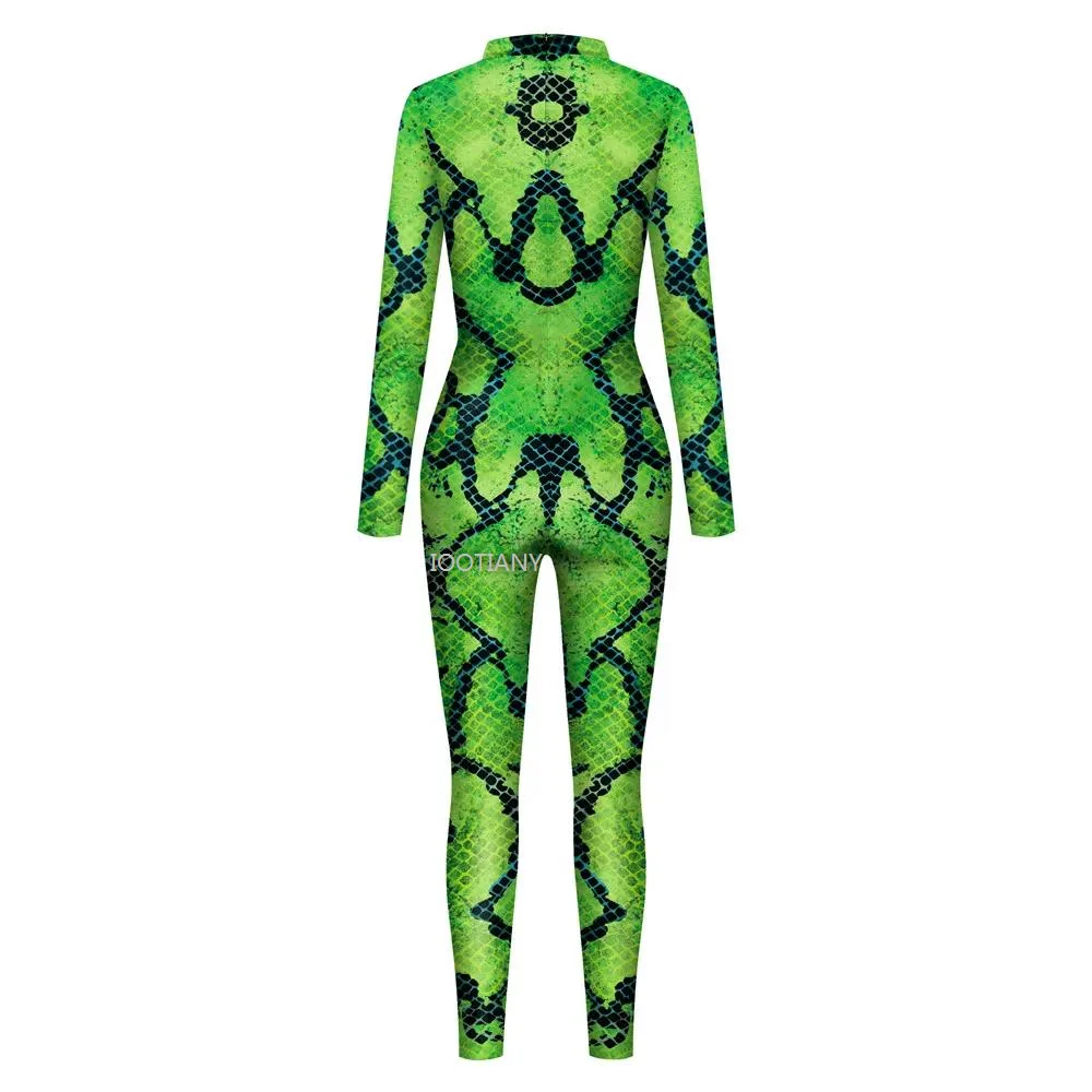 Green Snake Sexy Printed Women Jumpsuit Carnival Fancy Party Cosplay Costume Bodysuit Adults Fitness Onesie Outfits 2024