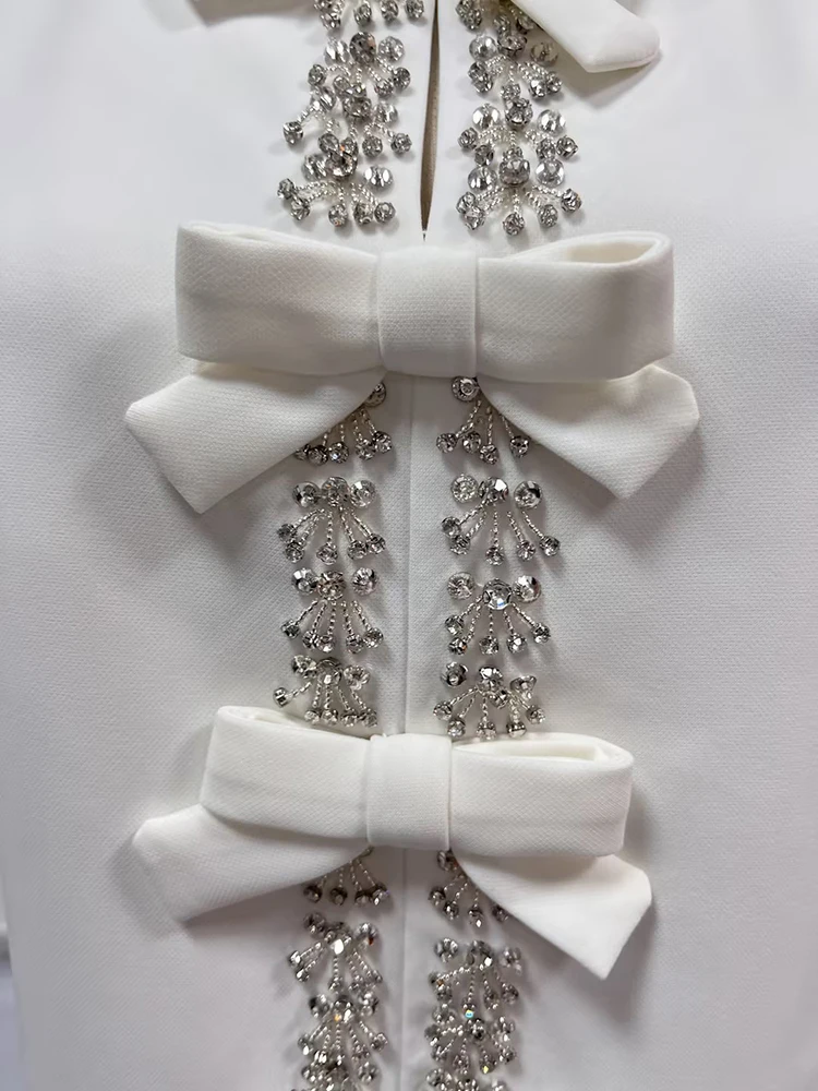 TWOTWINSTYLE Solid Spliced Bowknot Elegant Mini Dresses For Women O Neck Short Sleeve High Waist Patchwork Diamonds Dress Female