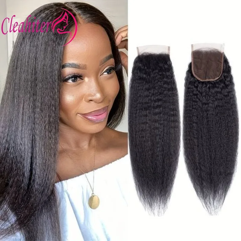 Capelli umani 4x4 Chiusura in pizzo dritto crespo Densità 150% 10-20 pollici Capelli indiani grezzi pre-pizzicati di colore naturale con estremità completa