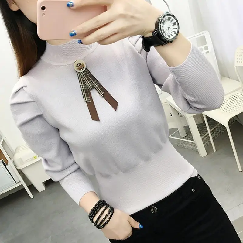 Sweet Stand Collar Spliced Bow Puff Sleeve Sweaters Female Clothing 2024 Spring New Loose Knitted Korean Pullovers Casual Tops