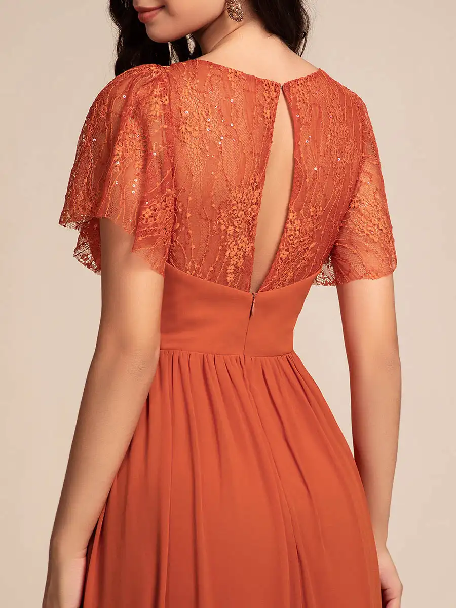 Elegant Evening Dresses Embroidery Glitter See-Through Lotus Leaf Sleeves 2024 Ever Pretty of Burnt Orange Bridesmaid dress