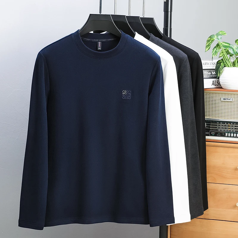 luxury men's autumn high quality velvet fleece t-shirt round neck embroidery keep warm innerwear base layer leisure men clothing