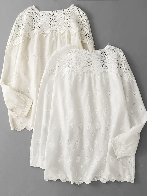 

Ele Pure Cotton Lace Hollow out Long Sve Women's irt in Apricot Design Sensation Early Autumn New Sle Faionable Top