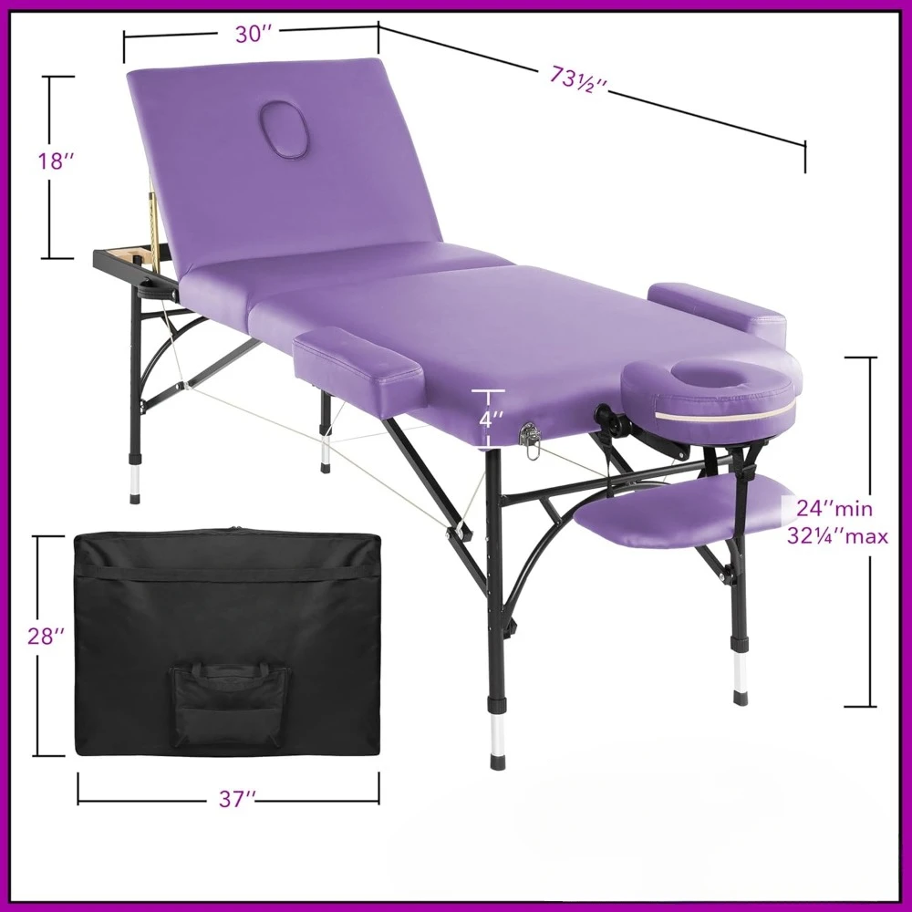 Professional Portable Lightweight Tri-Fold Massage Table with Aluminum Legs - Includes Headrest, Face Cradle, Armrest