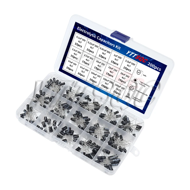 200pcs 0.1uF-220uF 50V 25V 16V 10V Radial Capacitors Set 15Values  Electrolytic Capacitor Assortment Kit 0.22uf 2.2uf 100uf