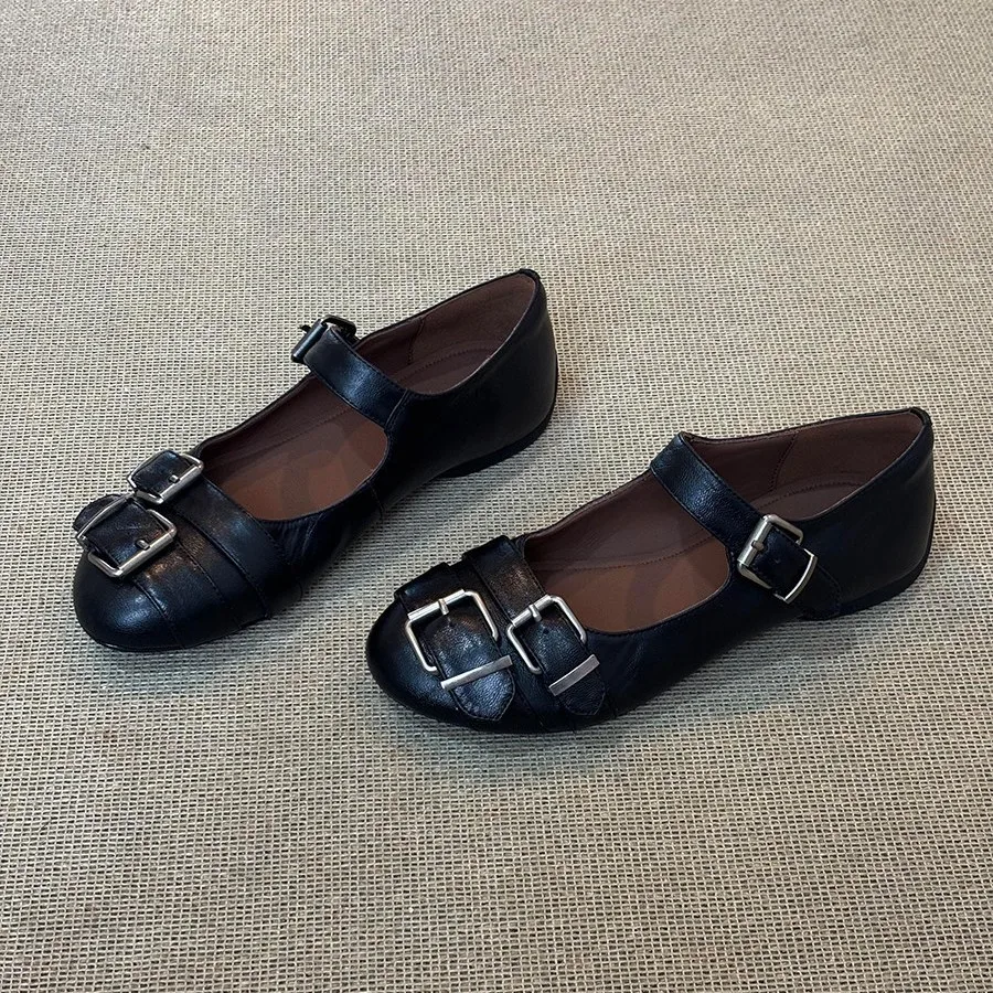 Retro Single Button Black Women's Shoes with Flat Bottom Small Leather Shoes, Round Toe and Shallow Mouth Ballet Single Shoes