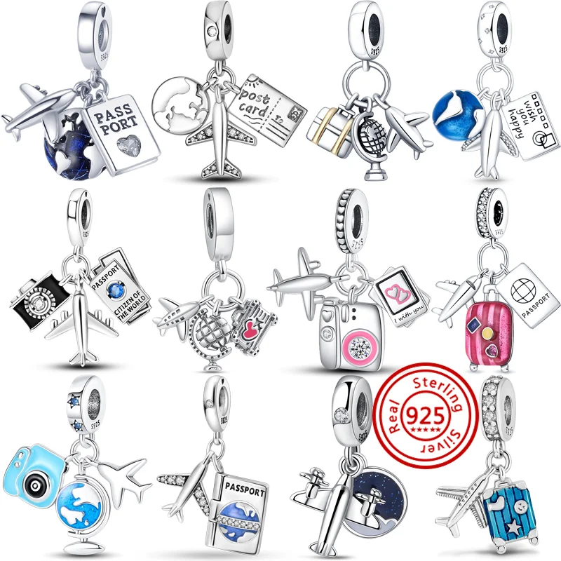 Fit Original Pandora Charms Bracelet Jewelry 925 Sterling Silver Airplane Passport Postcard Camera Love Travel Pendant DIY Beads