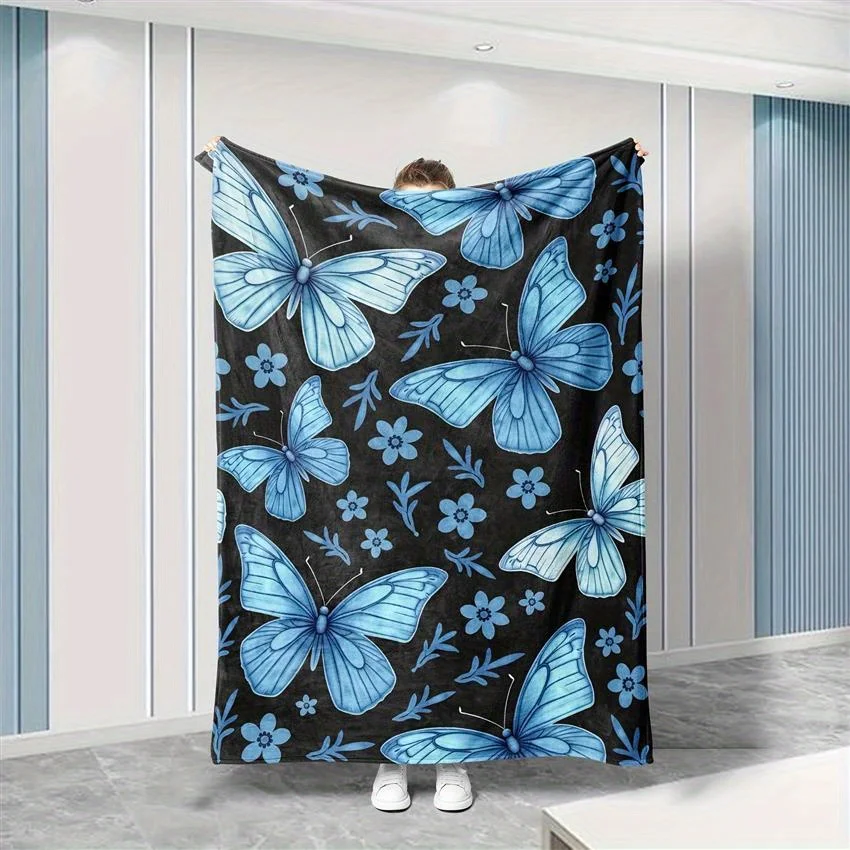 

Роскошно мягкое всесезонное одеяло — цветочный узор с синей бабочкой (черный фон), цифровая печать HD — легкий вес
