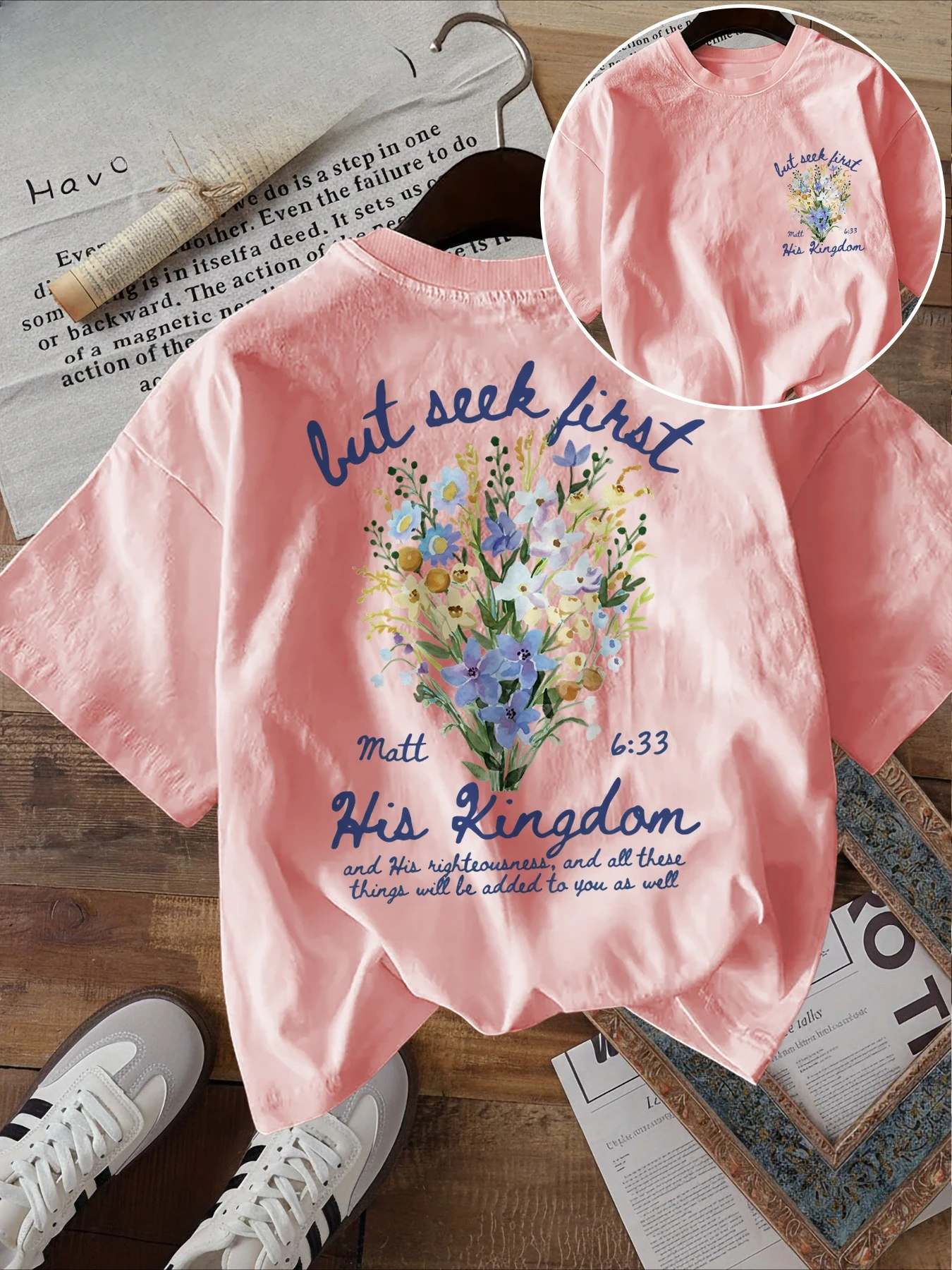 Women'S Casual Short Sleeve T-Shirt Watercolor Floral and Bible Verse Print Crew Neck Harajuku Sleeve Casual Aesthetic Clothe view 2