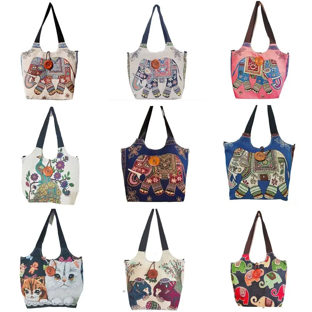 

Ethnic Canvas Women Shoulder Bag Elephant Embroidery Handbags Zipper Large Capacity Tote Bags Women