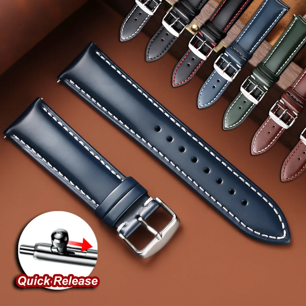 

18mm 19mm 20mm 21mm 22mm Universal Oiled Glossy Leather Watch Band Quick Release Bracelets Brown Black Genuine Cowhide Straps