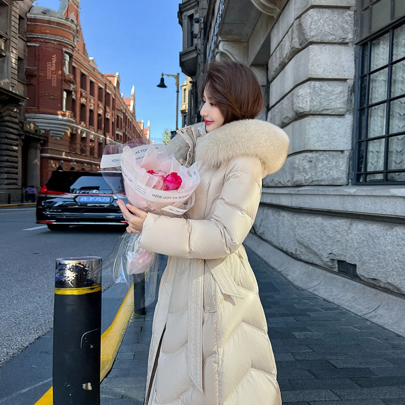 

Korean Sle Women's Long down Jaet Fur Collar Oversize Slimming White Du down Coat Mid-Length Ele Faion