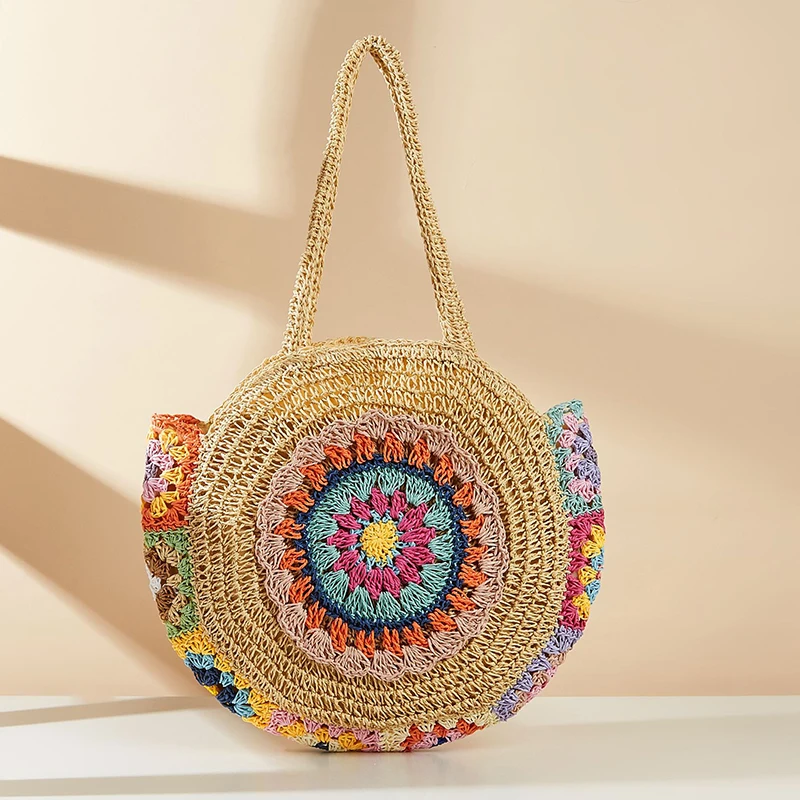 Ethnic Style Round Straw Weaving Fashion Shoulder Bag Summer Handmade Woven Beach Underarm Bags Women\'s Large Capacity Tote Bag