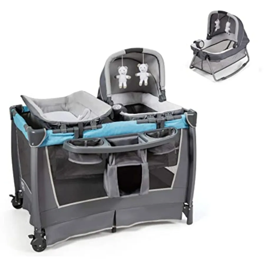 4-in-1 パックアンドプレイ（ベビーベッド付き）新生児用、青色の布製折りたたみ式デザイン、おむつ交換台、おむつ収納、音楽機能付き