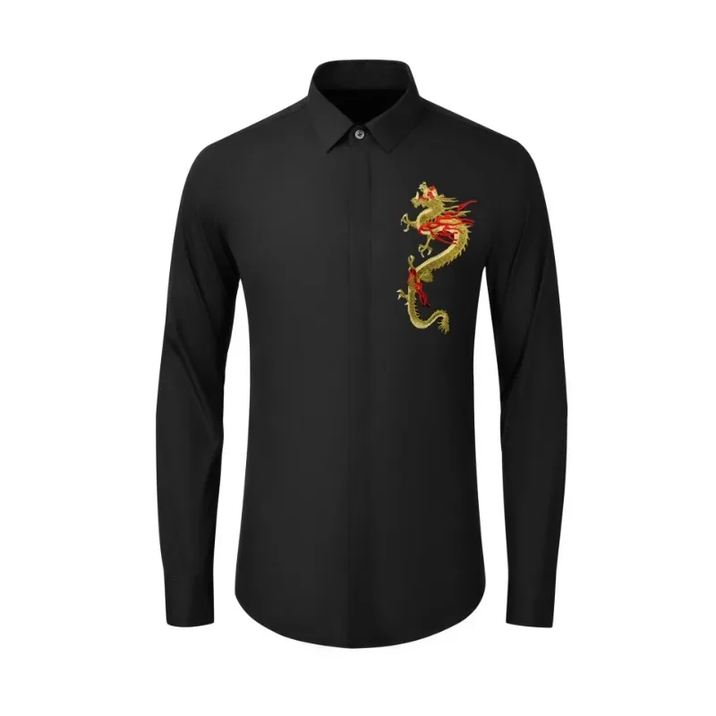 

Luxury Dragon Embroidered Shirts Black Long Sleeve Casual Business Dress Shirts Male Cotton Social Party Banquet Stage Shirts