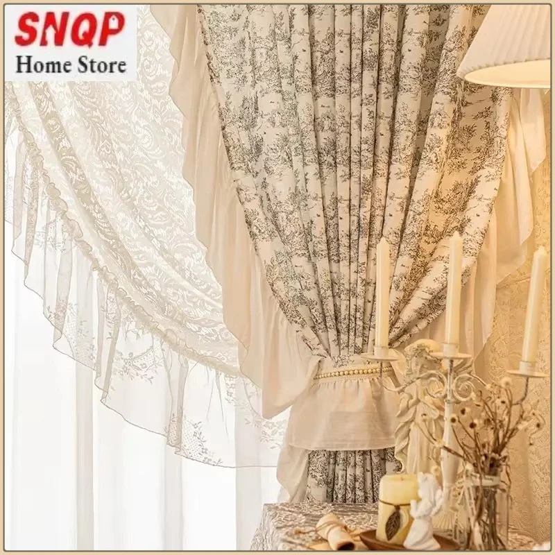 

French Romantic Luxury Curtain for Living Room blackout Bedroom Lace White Tulle Yarn Elegant Cotton Linen Restaurant decoration