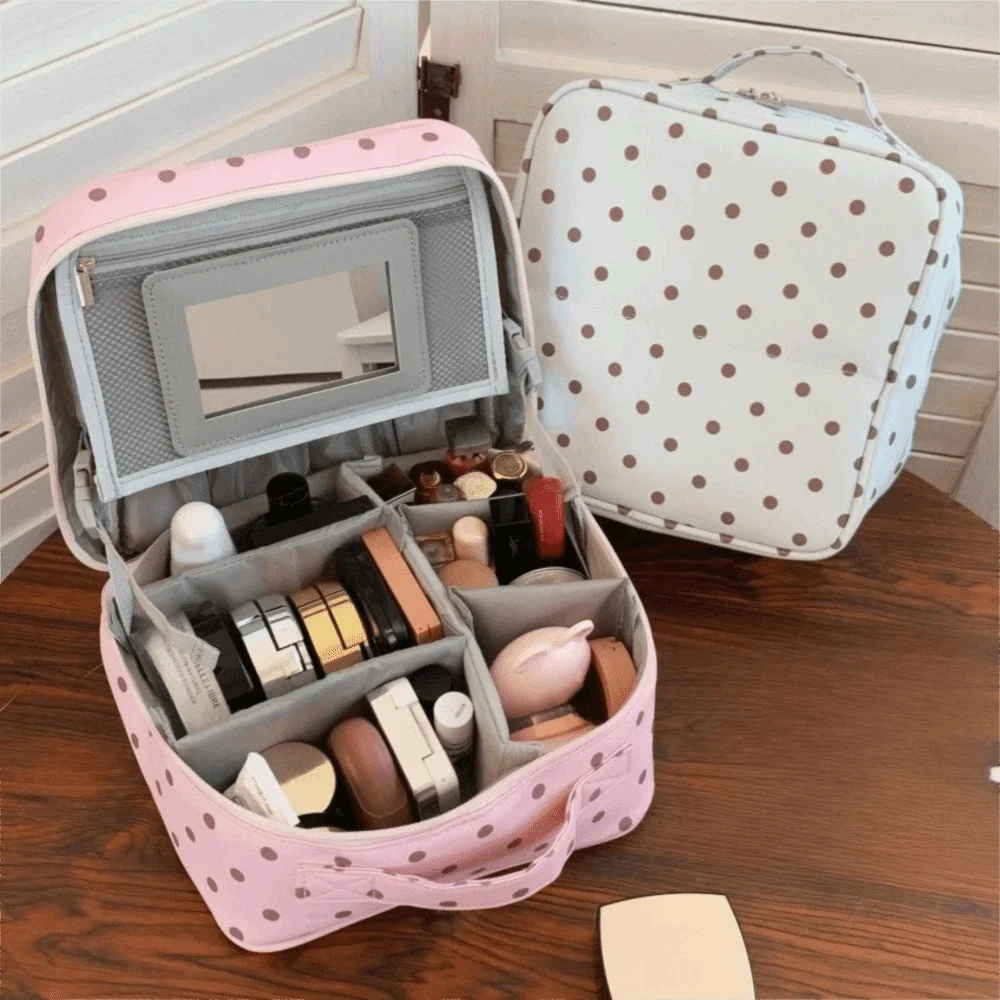 Polka Dot Handheld Makeup Bags Multi-Partition Foldable Cosmetics Organizer Large Capacity Portable Cosmetics Handbag