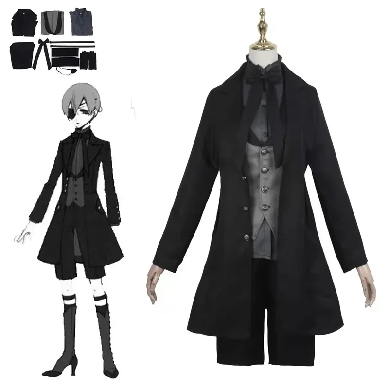 Anime Black Butler Ciel Phantomhive Sebas Cosplay Costumes Aldult Man Woman Jacket Vest Coat Pants Halloween Devil Uniform MN9