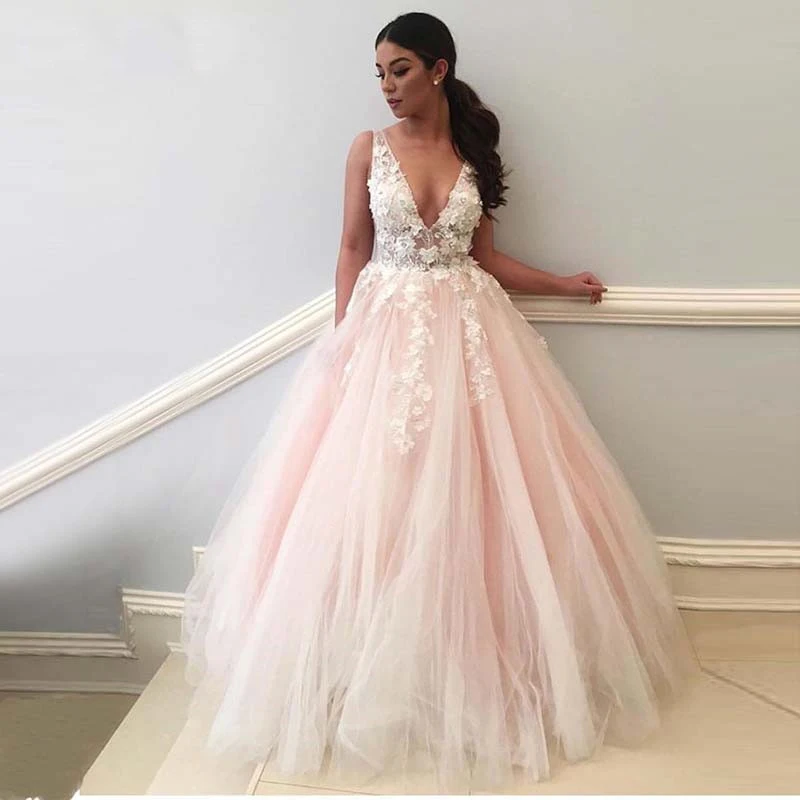 

Angelsbridep Flower Applique Wedding Dress Vestido De Noiva V-Neck Appliques Illusion Floor-Length Plus Size Lace-up Corset Back