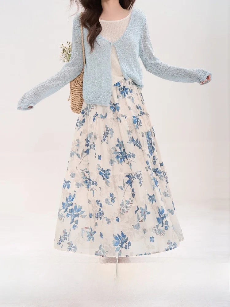

High Waist A-Line Midi Skirt Floral Print Linen Half-length Women's Summer Fashion Eco-friendly Regenerated Cellulose Fiber