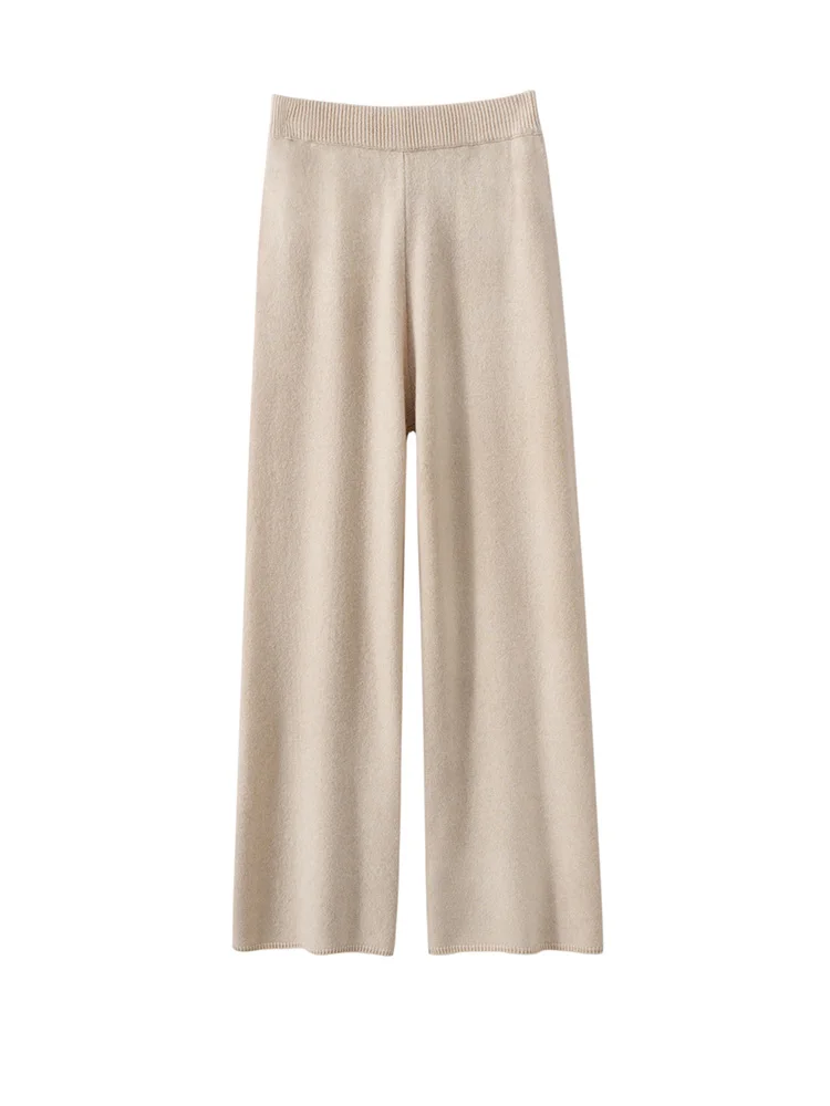 

Autumn Winter Women's High Waist Pants Soft Warm 100% Cashmere Knitwear Slimming Solid Color Wide Leg Jeans Casual Grace Clothes