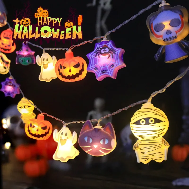 2024 pesta Halloween lampu tali LED hantu labu kucing laba-laba dekorasi Web lampu malam Halloween dalam ruangan luar ruangan dekorasi alat peraga