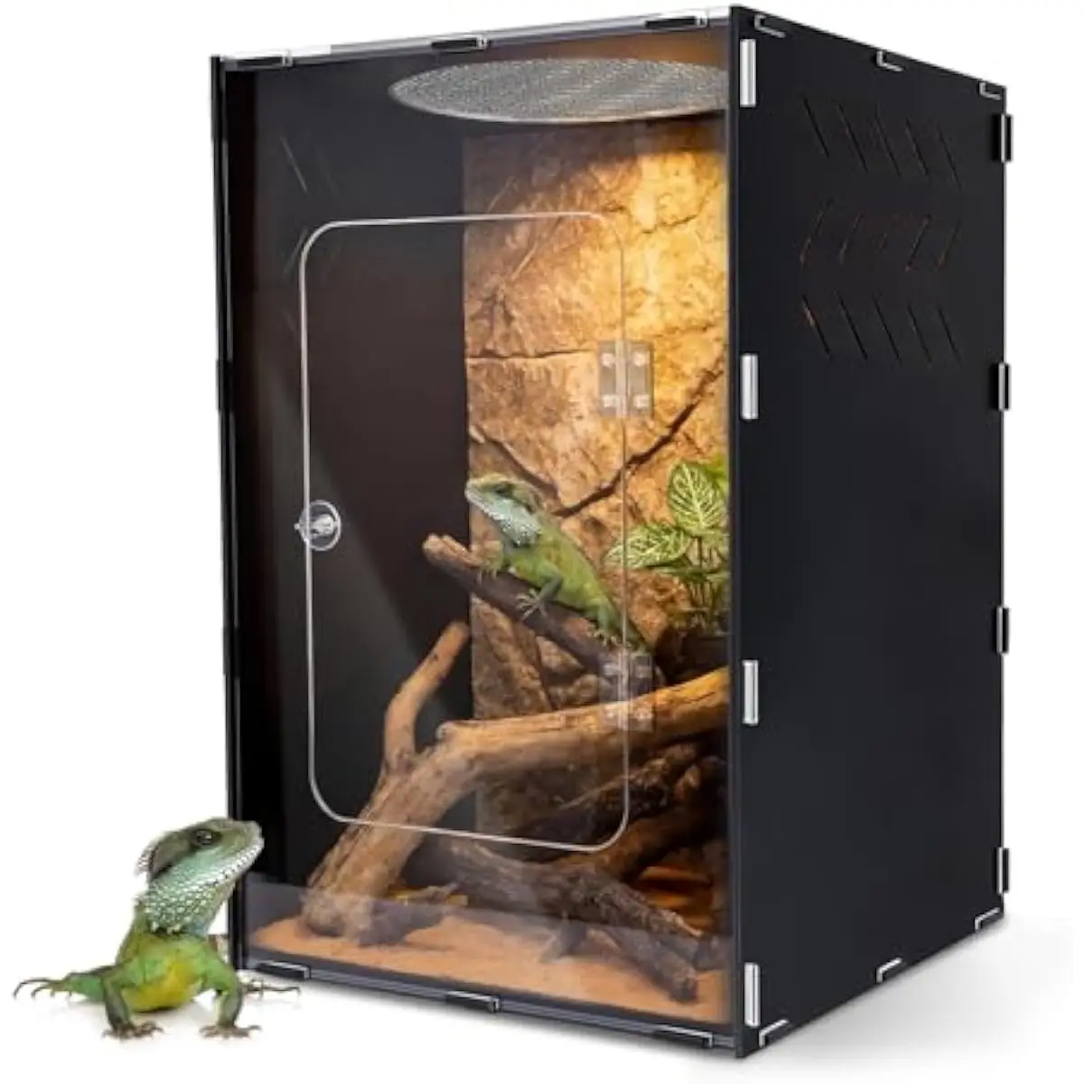 Acrylic front-opening reptile enclosure with secure locking mechanism, heat-resistant translucent mesh top, side ventilation por