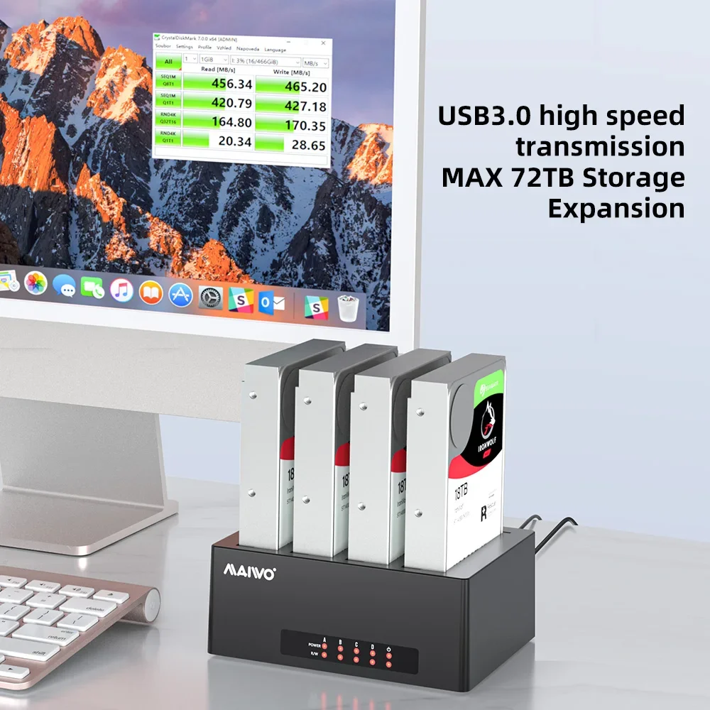 MAIWO Stacja dokująca do dysków twardych 4-ogniwowa stacja dokująca do dysku twardego SATA na USB 3.0 dla 2,5/3,5-calowego dysku twardego/stacji SSD zewnętrznej SATA