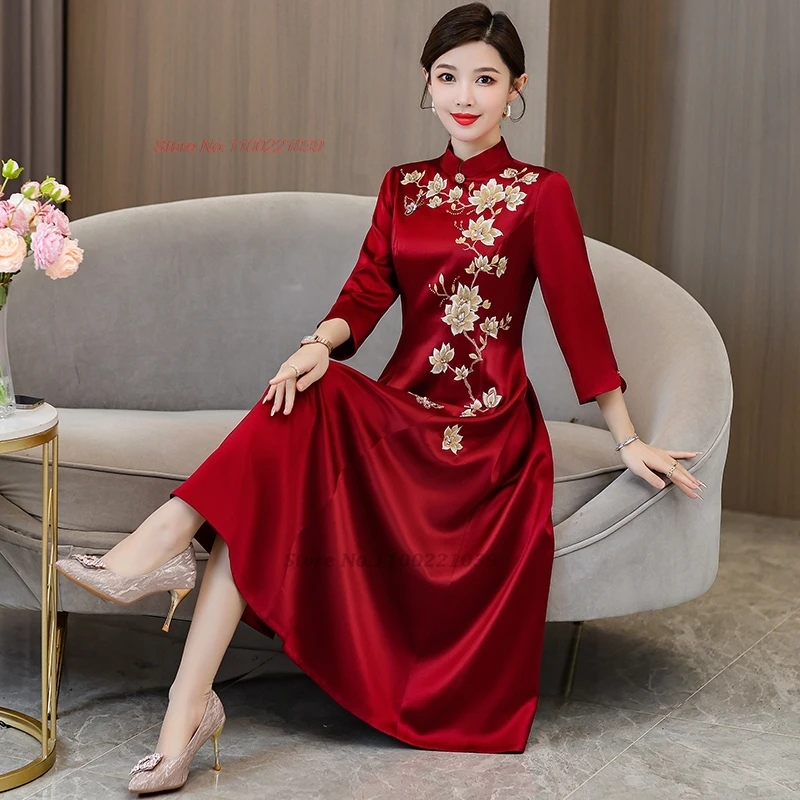 2025 中国改良されたチャイナドレス a ライン袍ドレス国花刺繍結婚式袍オリエンタル宴会イブニングドレス袍