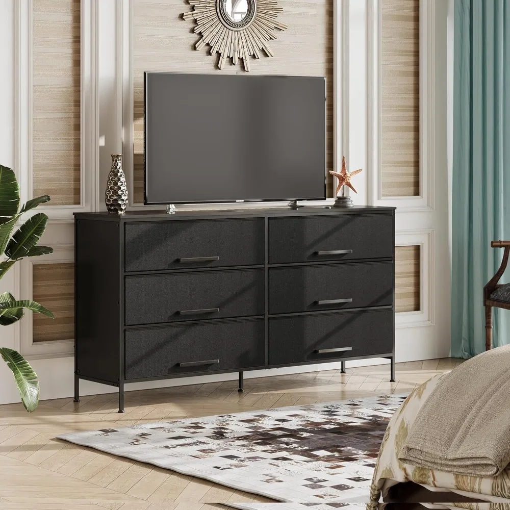 

6 Drawer Dresser for Bedroom Large, Fabric Black Dresser TV Stand for 55, 60, 65, 70 inch TV, Wide Long Chest of Drawers with D